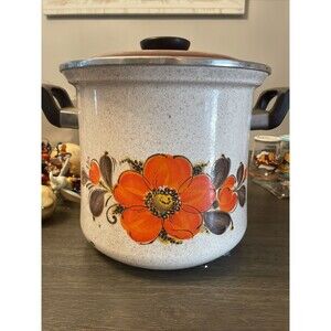 Vintage Sanko Ware Japan Country Flowers Porcelain Enamel Cookware Pot 9"x10"